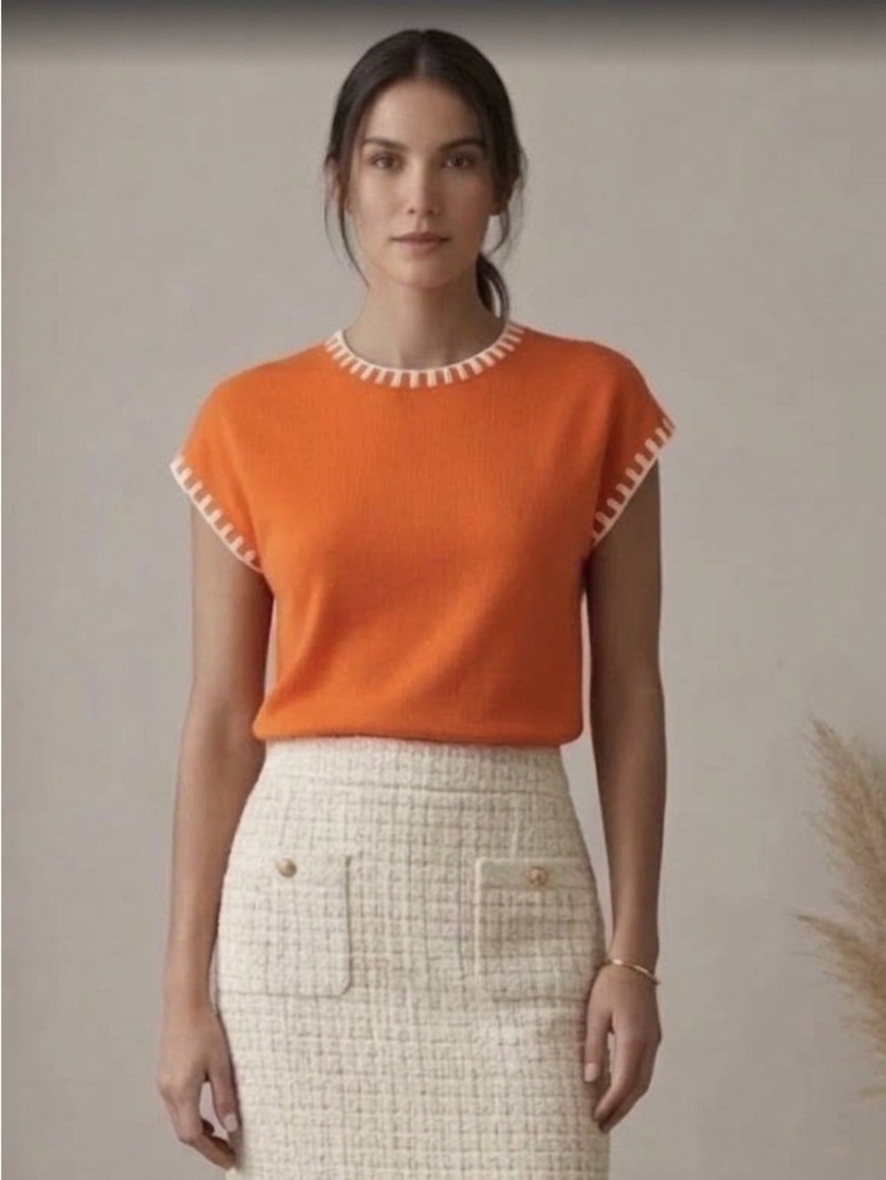 Commense Bright Orange Short-Sleeve Knit Top with White Trim